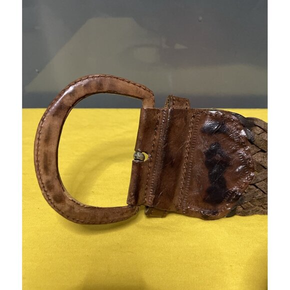 Brown Leather Woven Braided Chain Thick Wide Belt Boho Y2K 90s Vintage Cottage L